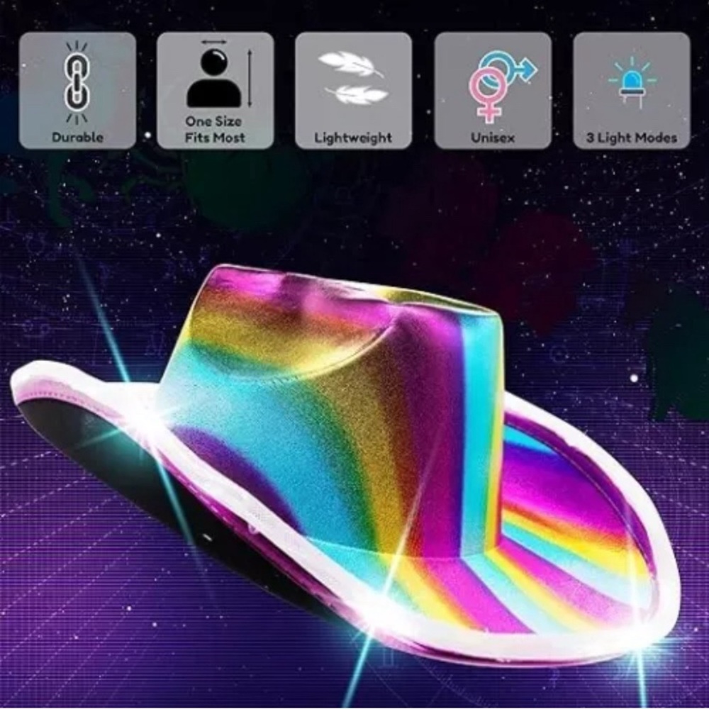 LED Light-Up Cowboy Hat Multicolor Hat For party, Festive Rainbow Cowboy Hat